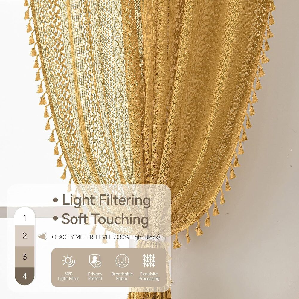 Boho Lace Curtains 84 Inches 2 Panel,Light Filtering Privacy Tassel & - Picture 4 of 8